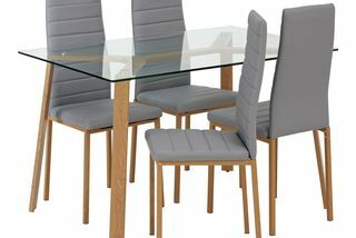 Helena-lasinen ruokapöytä ja 4 harmaata tuolia