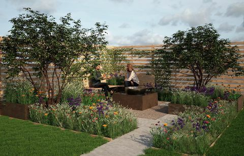 wfh lounastauon puutarha, aloituspuutarha, suunnitellut jude yeo, imogen perreau callf ja emily grayshaw, rhs hampton court palatsin puutarhafestivaali 2022