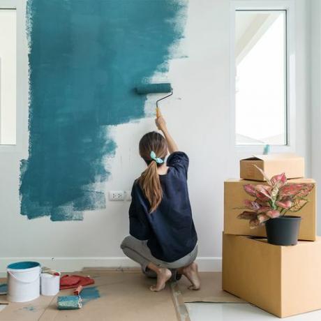 nainen maalaa seinän siniseksi