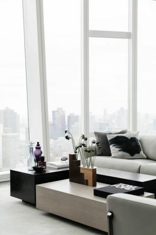 olohuone, puinen taide, harmaa sohva, New York City, suuret ikkunat
