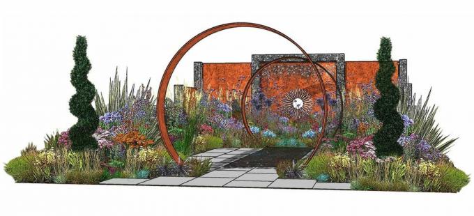 sunburst garden, show garden, suunnittelija charlie bloom ja simon webster, rhs hampton court palatsin puutarhafestivaali 2022
