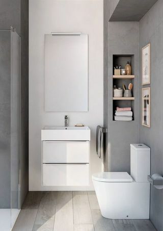 Inspira seinälle ripustettava valkoinen kiiltävä pohjayksikkö, Inspira neliömäinen seinähylly, Inspira pyöreä takaseinämäinen WC